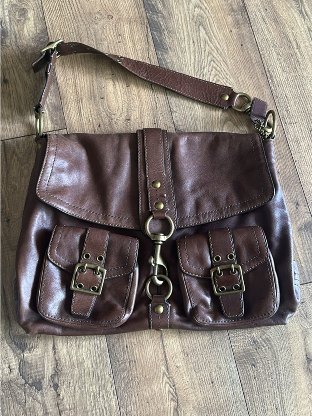 Coach Brown Leather Legacy Sachel Bag with Buckle Pockets